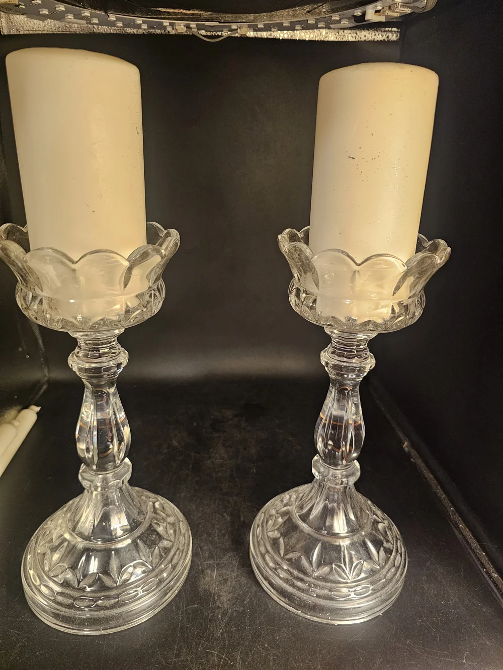 Pair of Clear Glass Scalloped Pillar Candle Holders